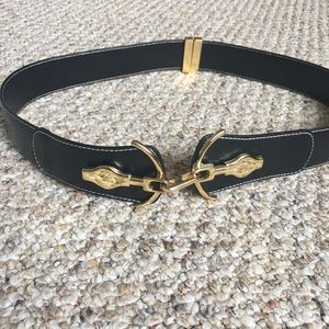 Black leather belt with gold buckle detail